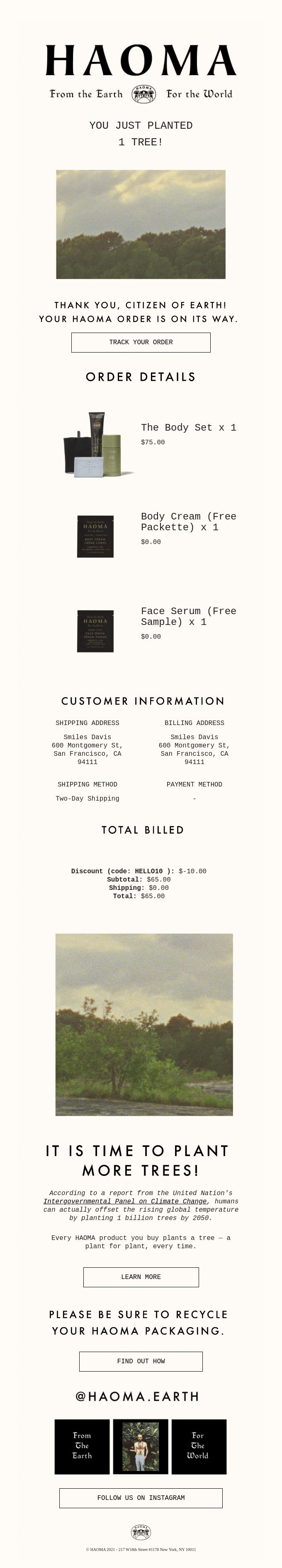 Haoma order confirmation email featuring environmental mission messaging, tree planting initiative, and brand values integration with order details